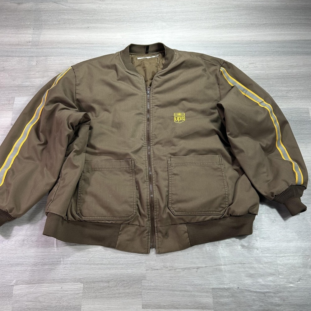 VINTAGE UPS Jacket Mens XXL 2XL Brown Bomber Full Zip Insulated Workwear Logo